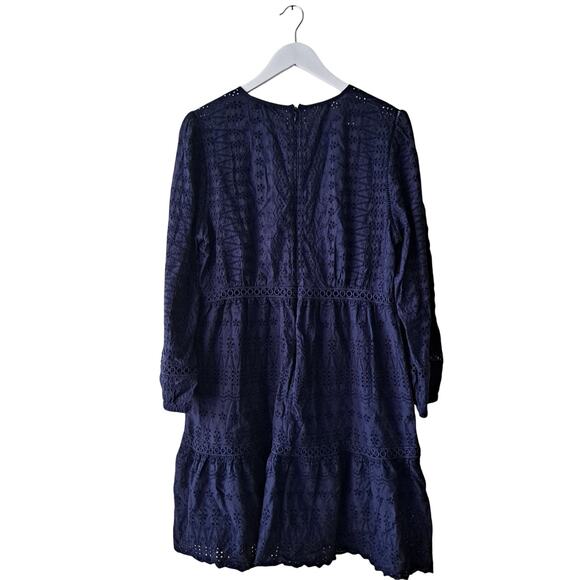 J. Crew Eyelet Lace Dress Long Sleeve Flutter Hem Mini Navy Blue Womens Size 12 - Picture 3 of 15